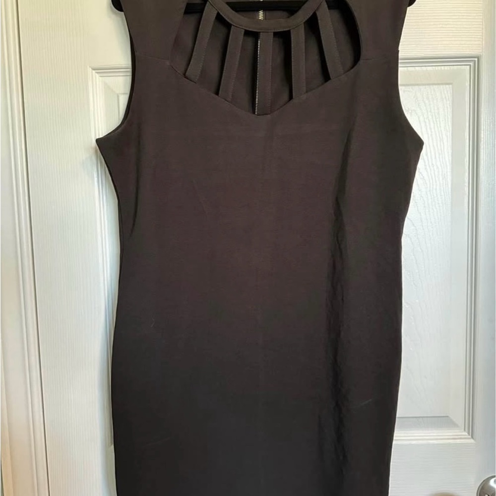 Black Knee-Length Sheath Dress with Cut Out Mock Neck for Work